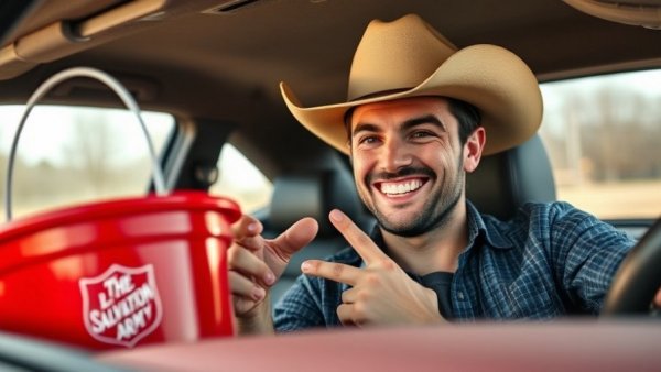 Post Malone at #RedKettleKickoff, smiling in vehicle.