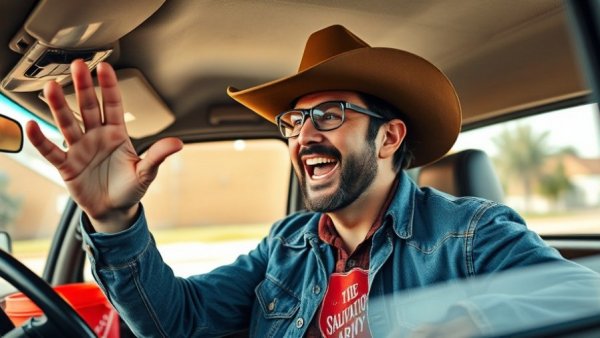 Post Malone Red Kettle Kickoff, man gesturing in vehicle.