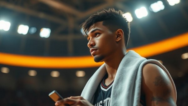 Focused athlete in basketball jersey under arena lights, contemplating.