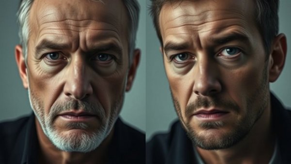 Close-up of two men with serious expressions on a split screen.