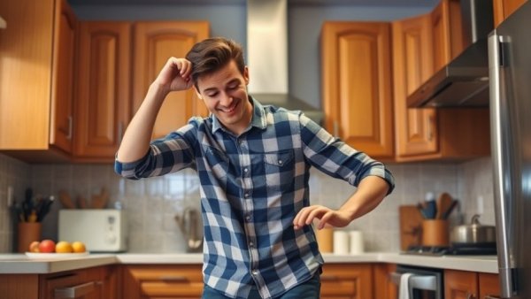 Young man in kitchen humorously embraces cooking request, showcasing social media influence.