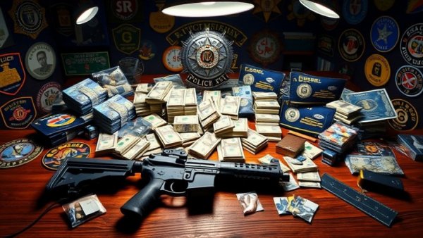 Everett drug seizure: cash and drugs displayed with police badges.