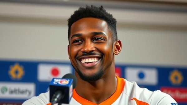 Male athlete at press conference discussing sabotage claims.