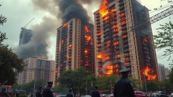 Hong Kong high-rise fire deaths: police and burning towers.