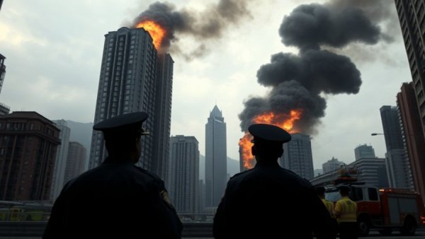 Police observe Hong Kong high-rise fire during emergency response.
