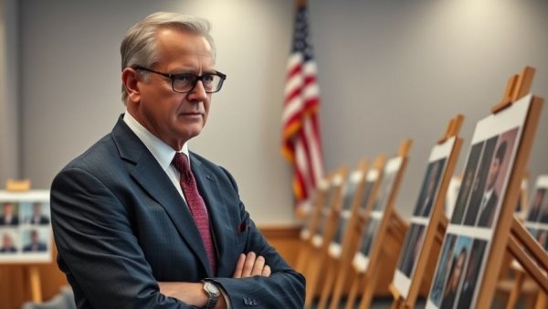 Official reviewing images on easels in formal setting with American flag.