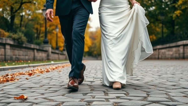 Elegant couple walking on cobblestone path, romantic wedding scene