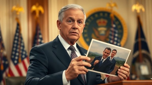 Older male holding photo during press conference on immigration policy USA.