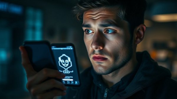 Emotional manipulation from using AI bots for mental health concerns, depicted by worried person viewing smartphone logo.