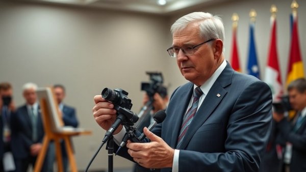Press conference on Rahmanullah Lakanwal D.C. shooting suspect, older man arranging photos.