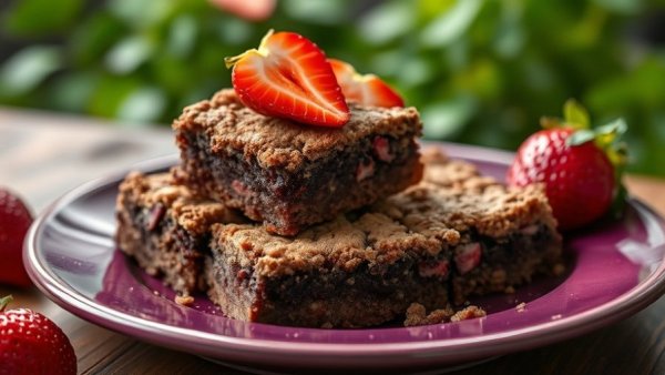 Cocoa strawberry crumble bars on purple plate with sliced strawberries.