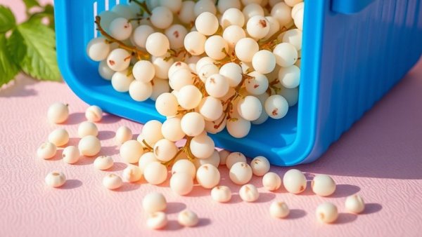 White currants in a container on pink surface, vibrant scene.