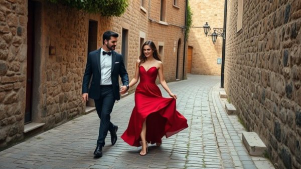 Elegant couple on cobblestone path embodying Taxi Cab Theory for Love.