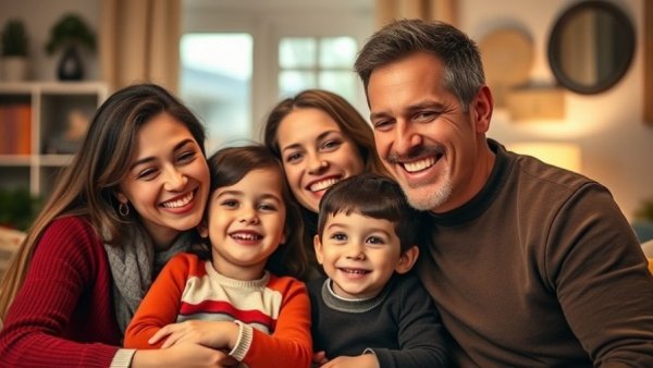 Happy family gathering indoors, promoting mental wellness for seniors.