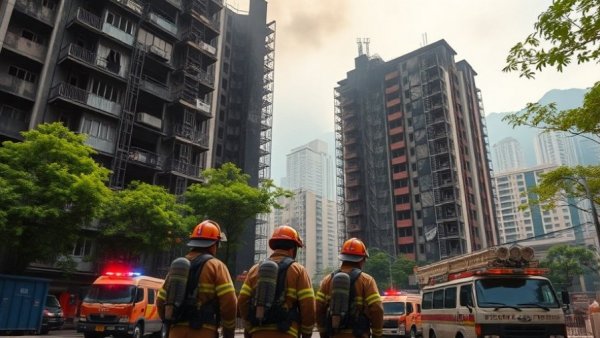 Firefighters respond to Hong Kong apartment fire tragedy amidst skyscrapers.
