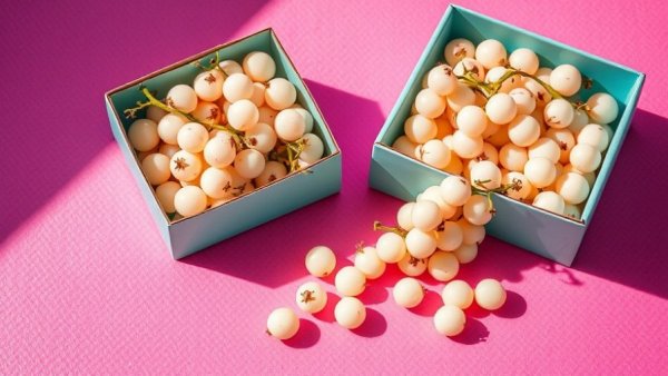 Box of white currants on pink surface, signs of eating too much fiber.