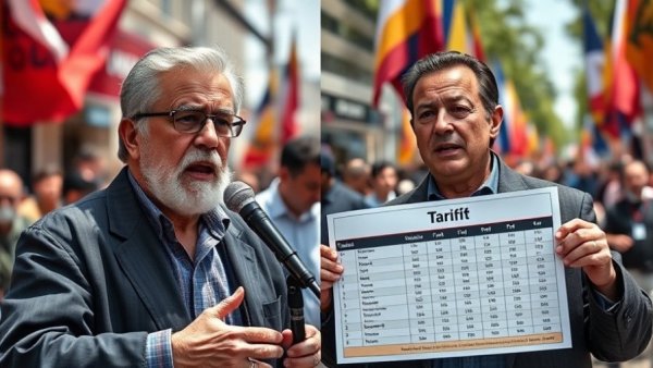 Small business leaders discussing tariff concerns in a public setting.