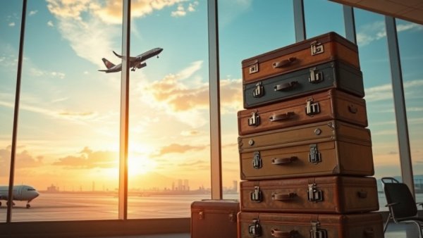Vintage suitcases with plane taking off at airport, Hobby Airport Passenger Traffic Decline.