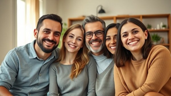 Smiling family gathered in warmth and joy indoors.