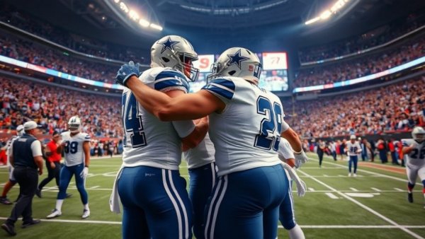 Dallas Cowboys celebrating Thanksgiving victory on the field.