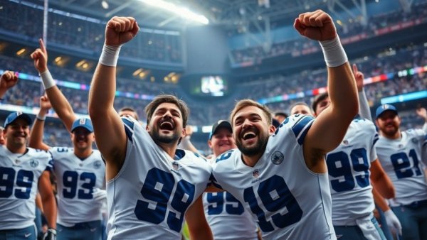 Dallas Cowboys celebrating Thanksgiving victory on the field.