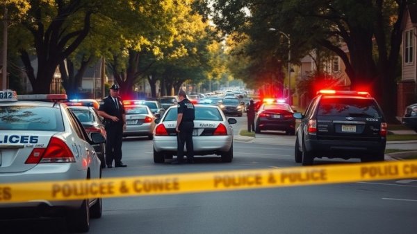 Police investigate traffic incident scene on suburban street.