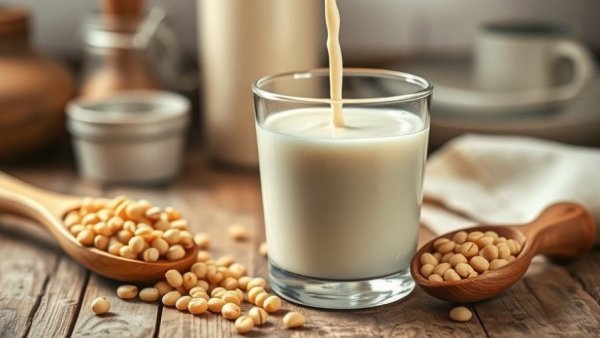 Nutritious non-dairy milk being poured into a glass with soybeans.