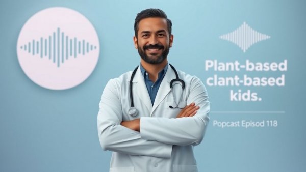 Podcast cover promoting nutrition for kids on plant-based diets featuring a smiling doctor.