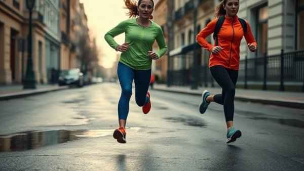 Two people running in colorful workout clothes on a wet street.