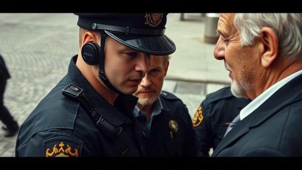 Officers detain person and man speaks in contrasting scenes