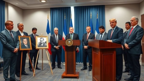 National Guard soldier shooting Washington press conference with portrait displays.