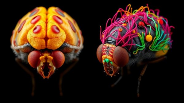Comparison of natural and rewired fruit fly brain structures, scientific imagery.