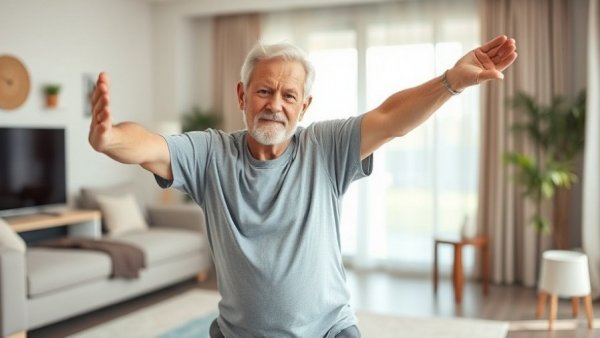Healthy aging exercises with stretching routine shown in modern room.