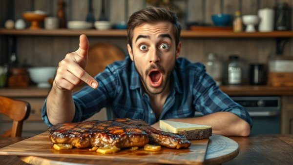 Excited individual with steak and cheese suggesting heart health superfoods.