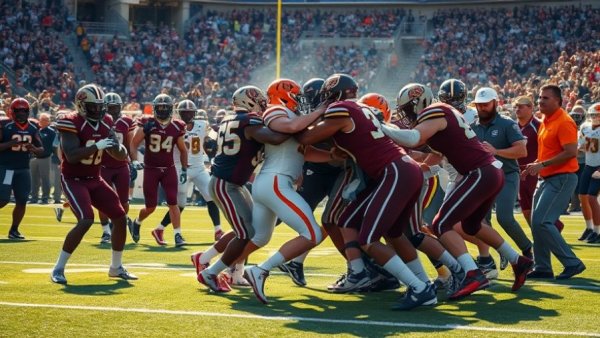 Intense Egg Bowl chaos with players in a scuffle on the field.