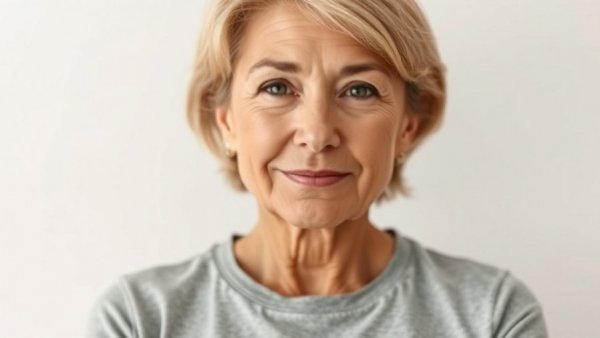 Middle-aged woman in T-shirt, mindfulness for seniors concept.