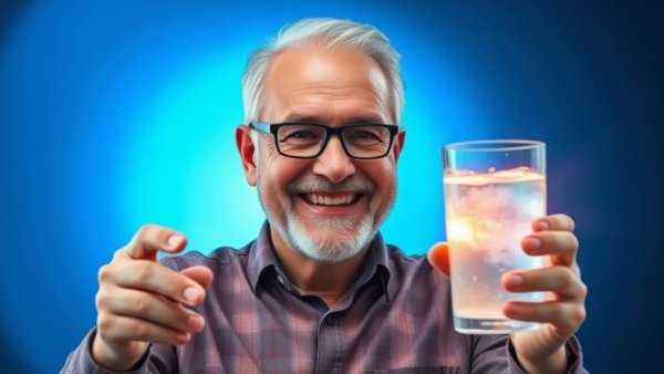 Himalayan salt water benefits: Man pointing at glowing glass.