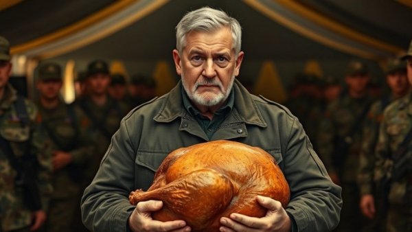 Middle-aged man with soldiers holding Thanksgiving turkey in festive setting.