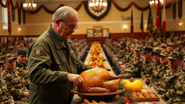 Older male serving turkey to soldiers, presidential Thanksgiving.