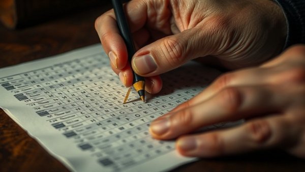 Solving vintage crossword puzzle with pencil, close-up view.