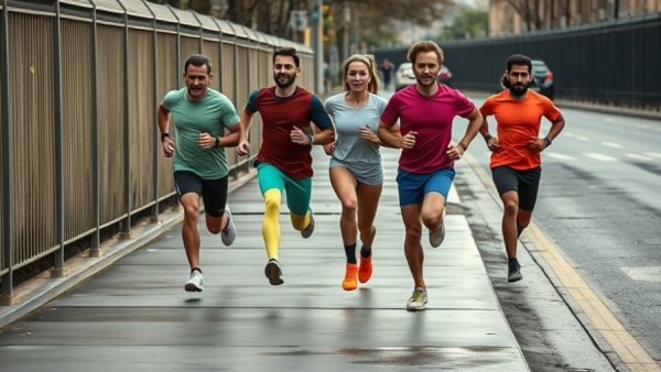 Active runners in secondhand workout clothes on wet pavement.