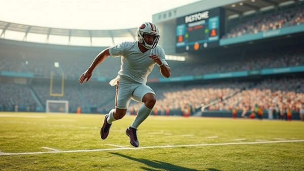 Utah Sports Victories football player sprinting on field, scoreboard in view.