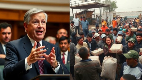 UNRWA humanitarian delivery mechanism: politician speaks, aid distribution.