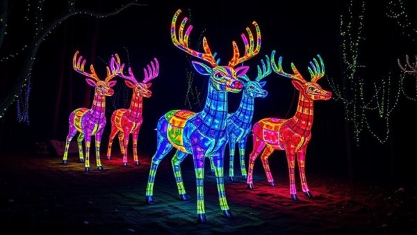 Colorful deer sculptures lit up at night during Austin December events.