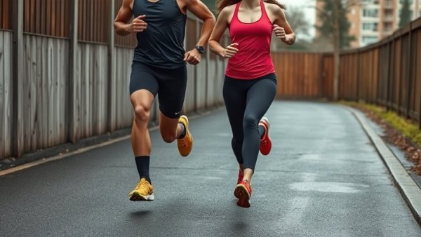 Energetic joggers in secondhand workout clothes running outdoors.