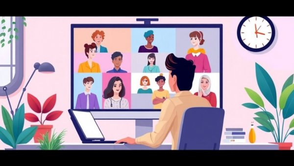 Cartoon illustration of hybrid work model with virtual meeting.