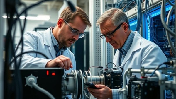 Scientists examining quantum computing equipment in a futuristic lab.