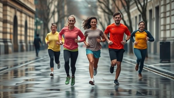 Dynamic joggers in sanitary secondhand workout clothes running on wet pavement.