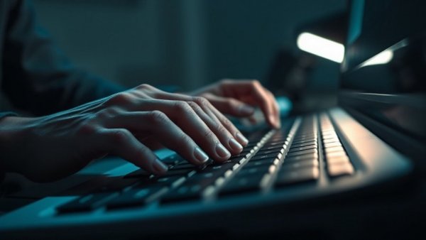 Close-up of hands typing on a keyboard, cybersecurity focus.