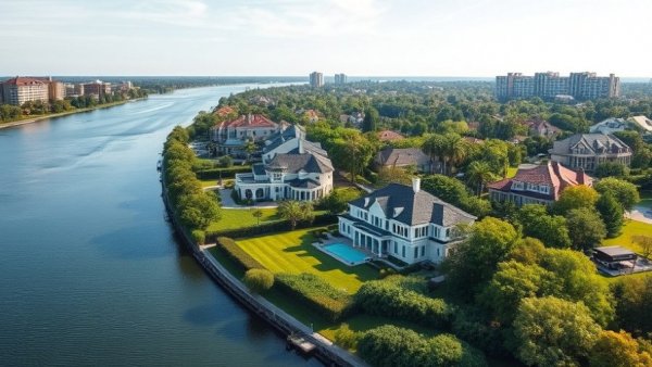 Aerial view of high income households in The Woodlands along a scenic river.